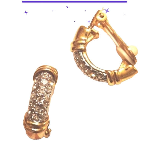 Clip On Gold toned pave crystal hoops - Picture 1 of 7